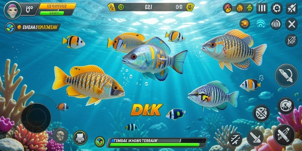 Screenshot gameplay DKK menampilkan aksi menembak ikan yang seru.