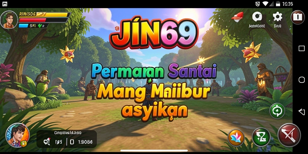 Screenshot menampilkan gameplay santai JIN69 yang penuh warna.